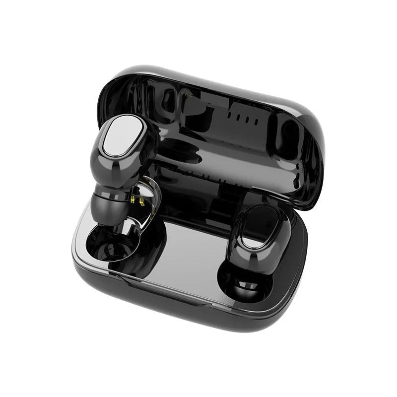 A Black TWS Bluetooth headset with earbuds and charging case on a white background.