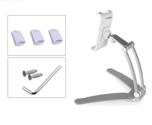 Silver aluminium alloy desktop tablet stand holding a tablet at an adjustable angle