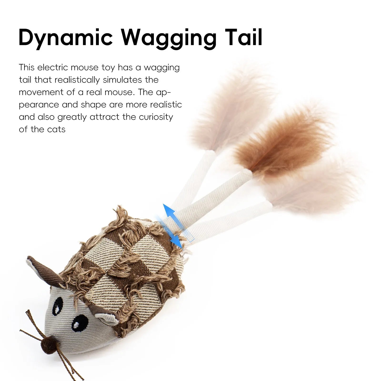 Electronic moving mouse cat toy with feather tail in blue and yellow colour options