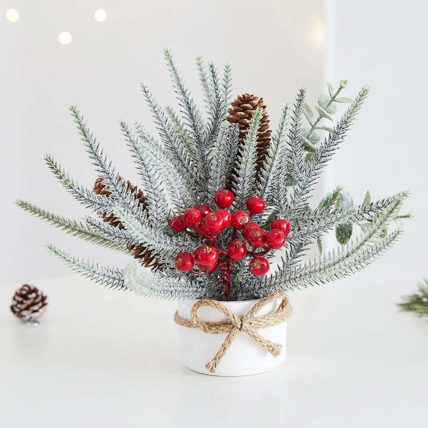 Desktop mini Christmas tree ornament with four colour options in European, American, and Nordic styles made from plastic, PVC, PET, and cloth.
