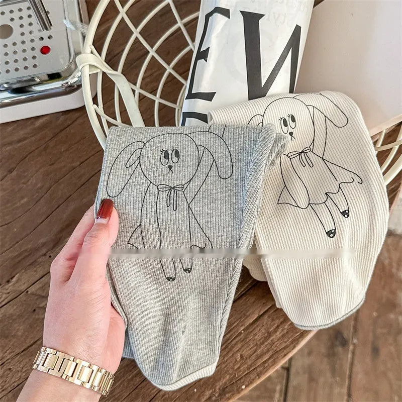 Girls' cotton rabbit print cropped leggings in beige and mixed gray, sizes 80-130cm, spring autumn wear