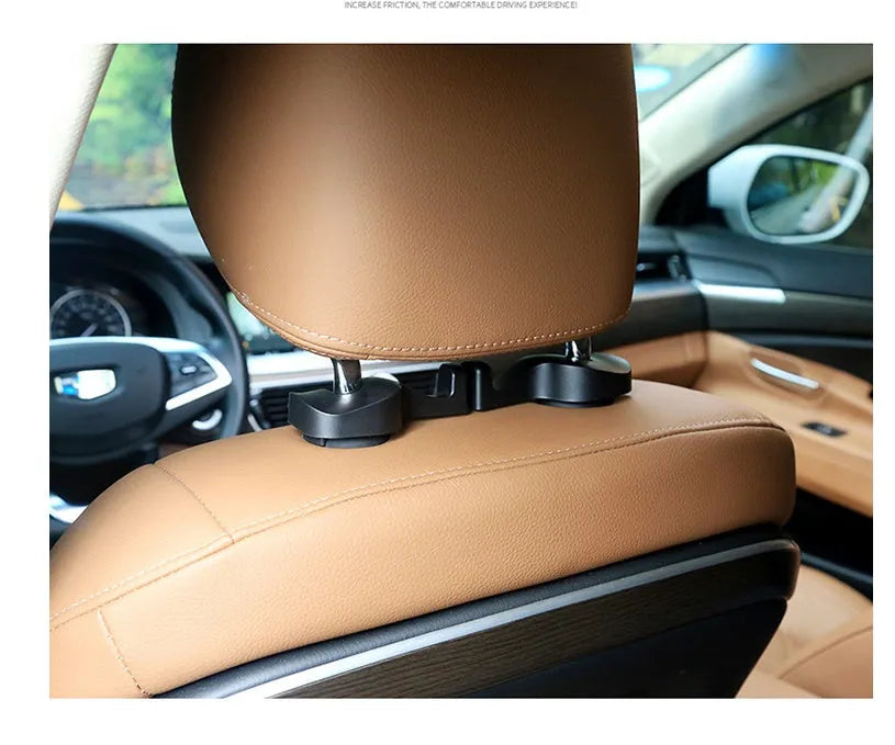Pair of concealed plastic car seat back hooks for hanging bags and coats, available in black or white