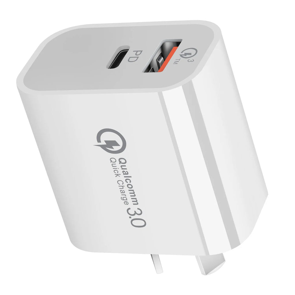 White Australian dual-port USB wall charger with USB-A and USB-C ports showing 63mm width