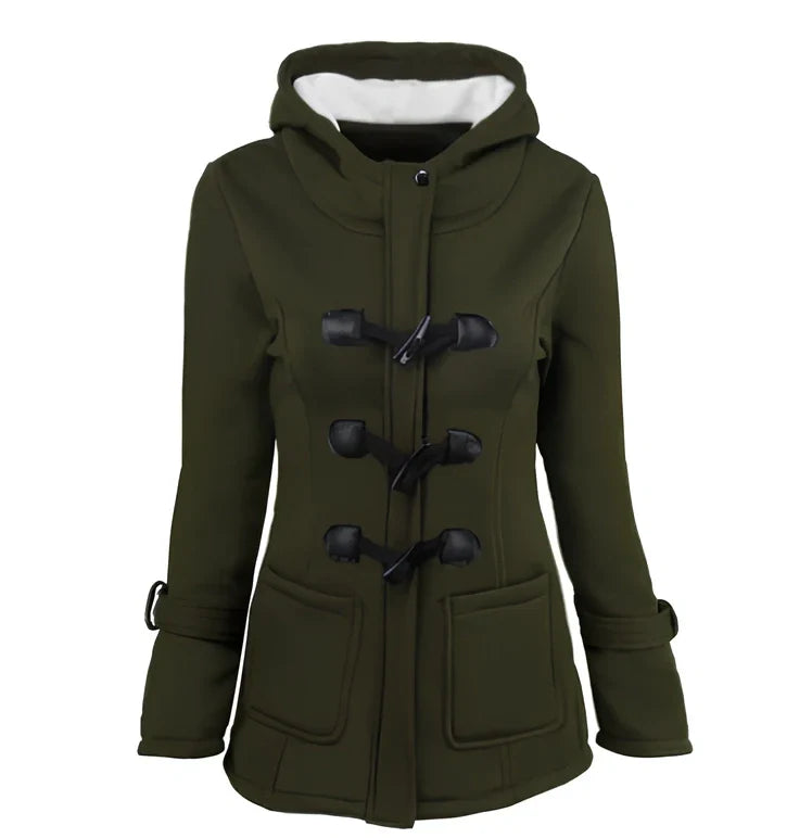 Women's green long down parka with fur collar, horn buttons, and hood - medium 65-80cm length, slim fit for winter
