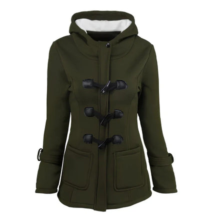 Women's green long down parka with fur collar, horn buttons, and hood - medium 65-80cm length, slim fit for winter