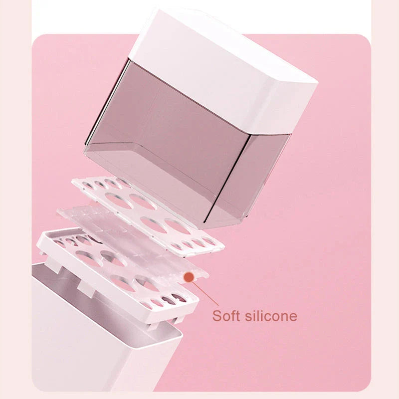 Inverted makeup brush storage bucket in white, blue, and pink for organised dressing tables