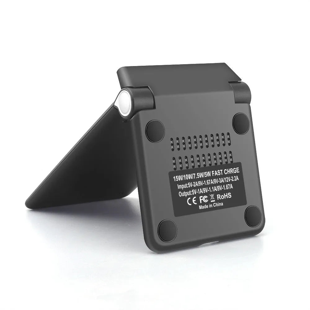 Black folding wireless charger stand with ABS material showing 15W Qi fast charging for phone and earbuds