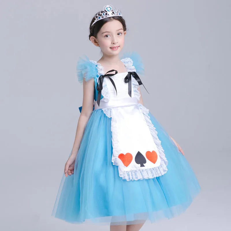Girls blue Halloween princess dress with cotton chiffon fabric and short sleeves on display