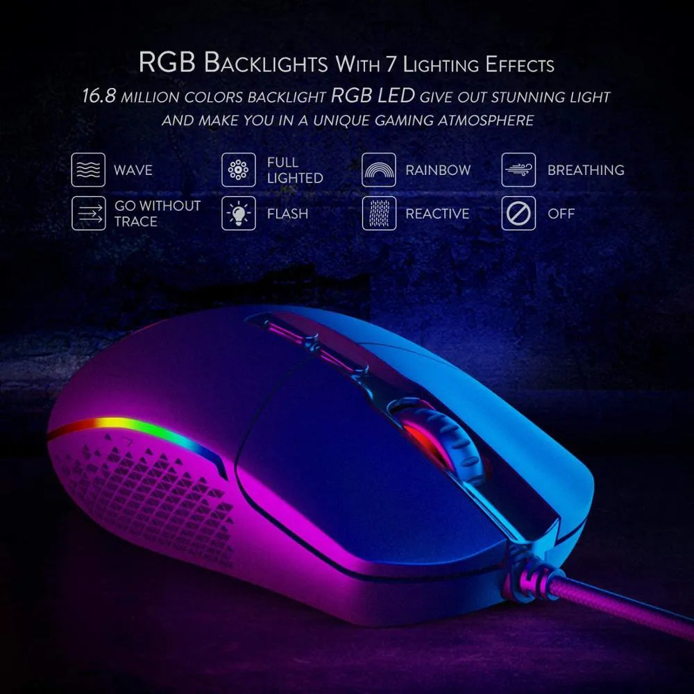 Black wired gaming mouse with nine buttons and four-way scroll wheel on a desk