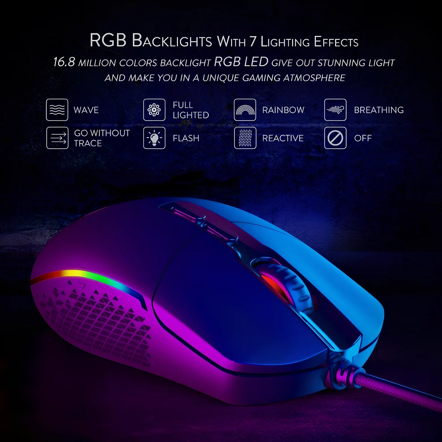 Black wired gaming mouse with 5000 DPI, 9 buttons, 1.8m USB cable, ergonomic for desktop use