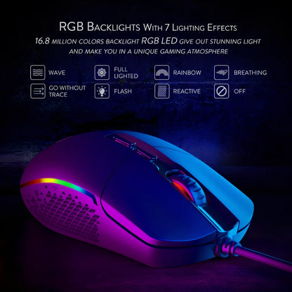 Black wired gaming mouse with 5000 DPI, 9 buttons, 1.8m USB cable, ergonomic for desktop use