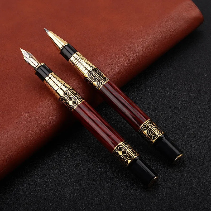 Imitation mahogany metal wood grain fountain pen with 0.5mm tip and black ink refill on desk