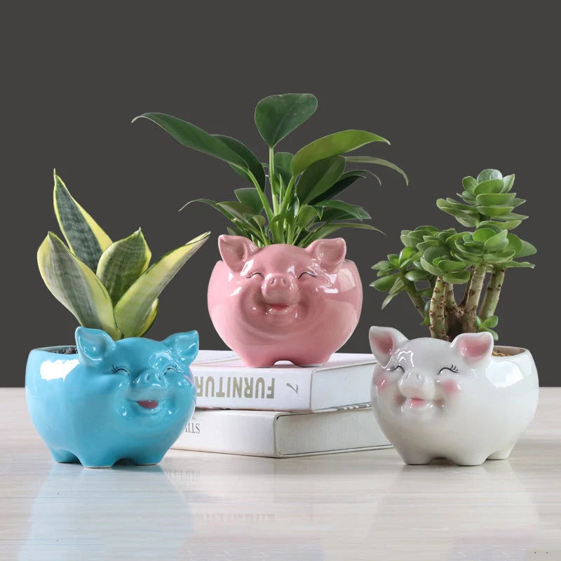 Hand-painted ceramic succulent pot with cartoon animal design
