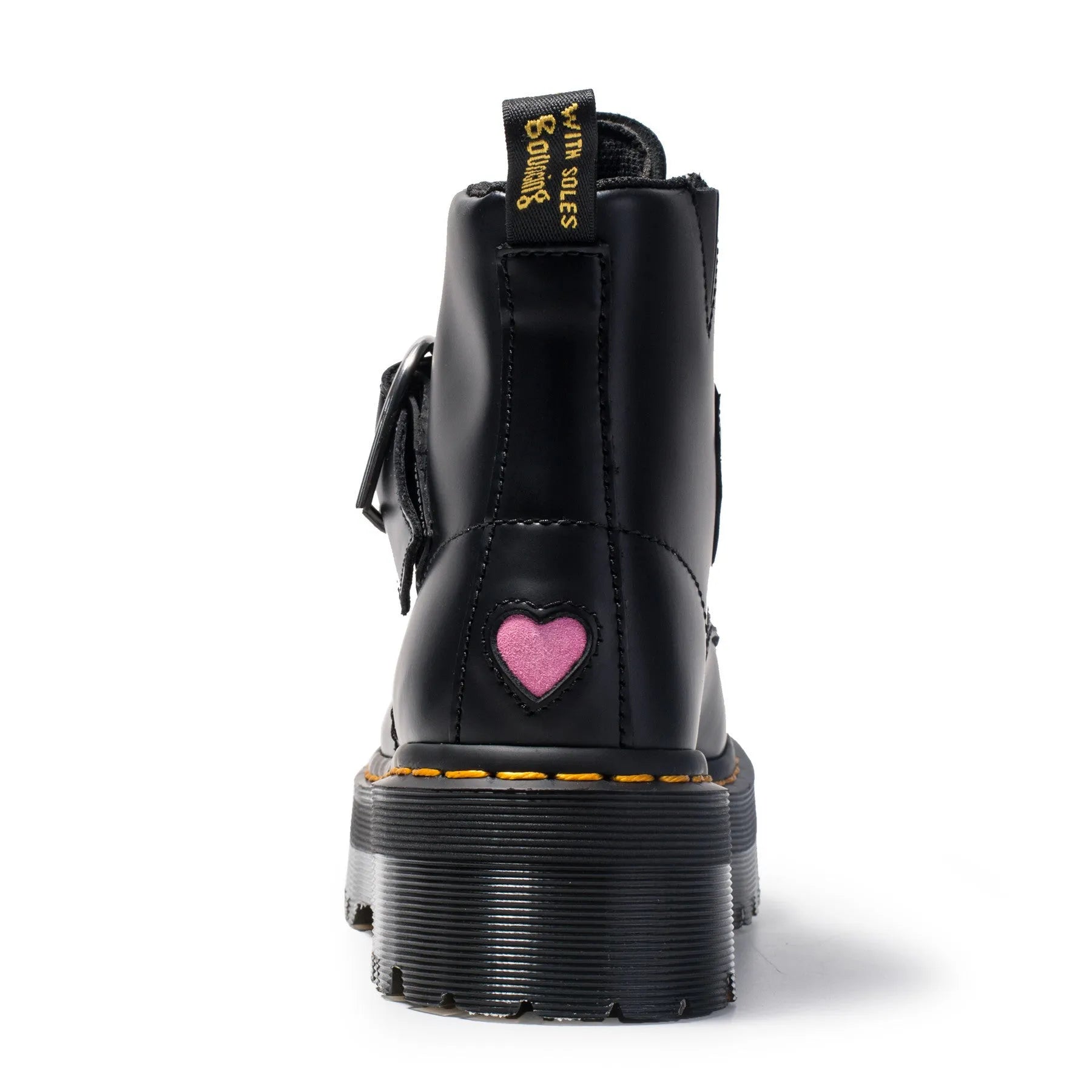Women's black leather ankle boots with chunky heel, lace-up front, side zip, and belt buckle detail on a waterproof platform