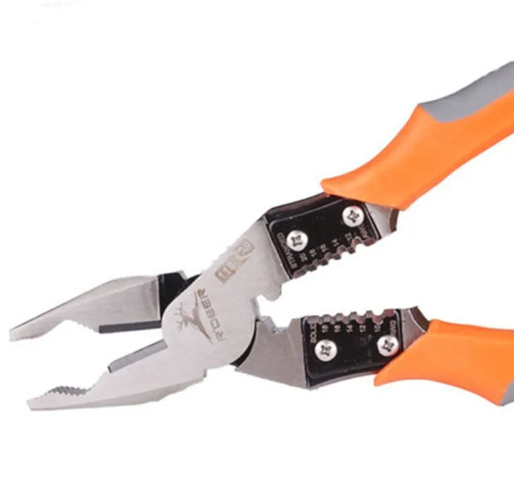 Orange 9-inch multi-function wire cutter pliers with chrome steel crimping head and textured PVC handles.