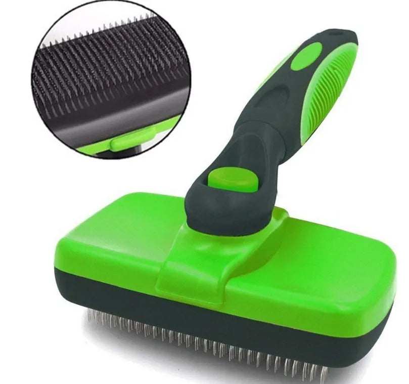 Pet self-cleaning slicker brush with stainless steel needles, green handle, comb surface 12.6 x 7cm, for dogs and cats