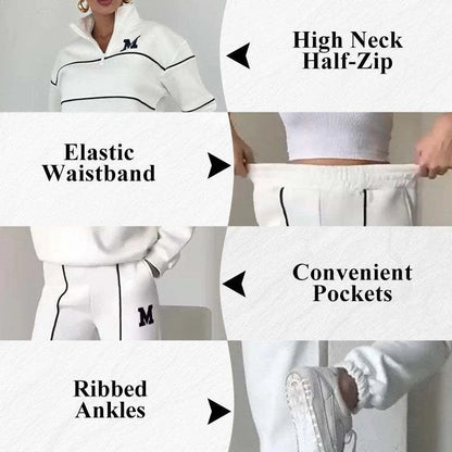 Comfortable and stylish two-piece loungewear set for women, featuring a hoodless pullover sweatshirt and relaxed-fit sweatpants with pockets.