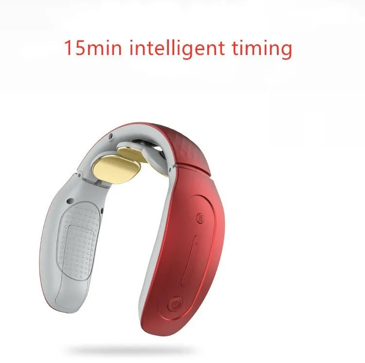 Red and white intelligent cervical massager handheld unit with battery, shown with electrode pads for the XFY988 upgrade model.