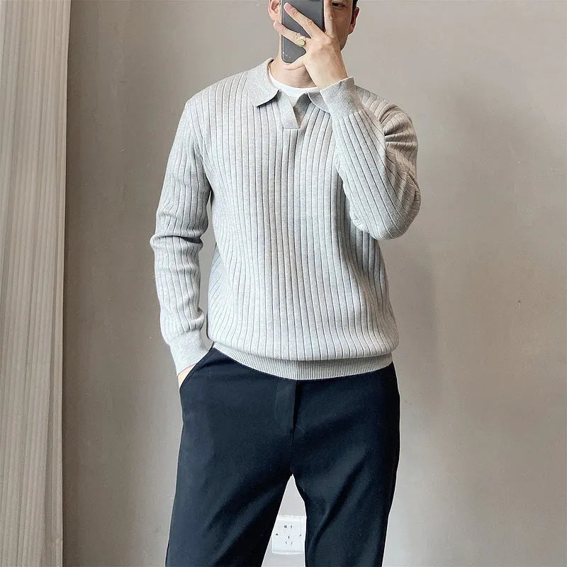 Boys loose elastic knitted sweater with lapel collar and striped texture in modal rabbit fur blend