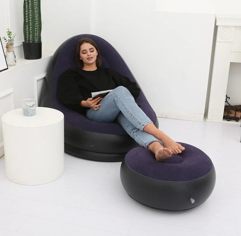 Inflatable flocking sofa in various colours, showcasing ergonomic design and portability