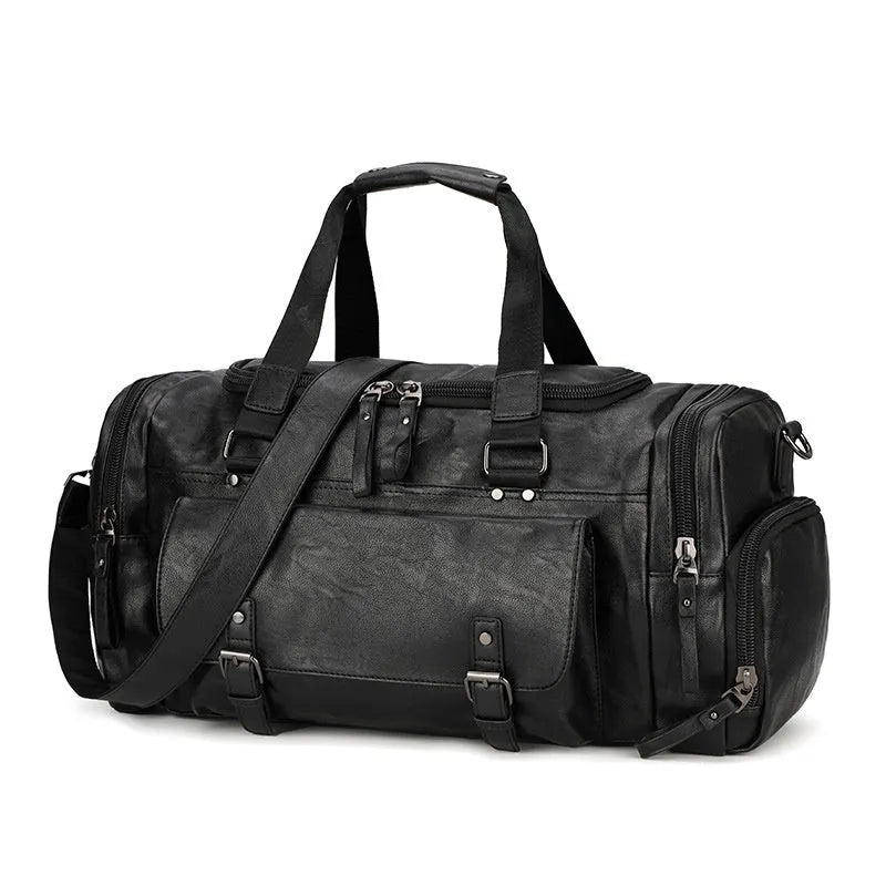 Black waterproof PU travel bag with a separate shoe compartment, shown with dimensions 52cm x 19cm x 27cm.