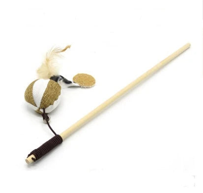 Handmade wooden cat stick toy with hemp feather rope and bell for playful cats