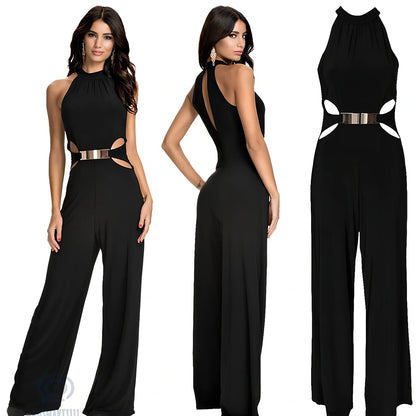 Black high-neck long-sleeved flared jumpsuit with stitching, sizes S-XL, length 142-149cm, bust 80-92cm, hips 82-94cm