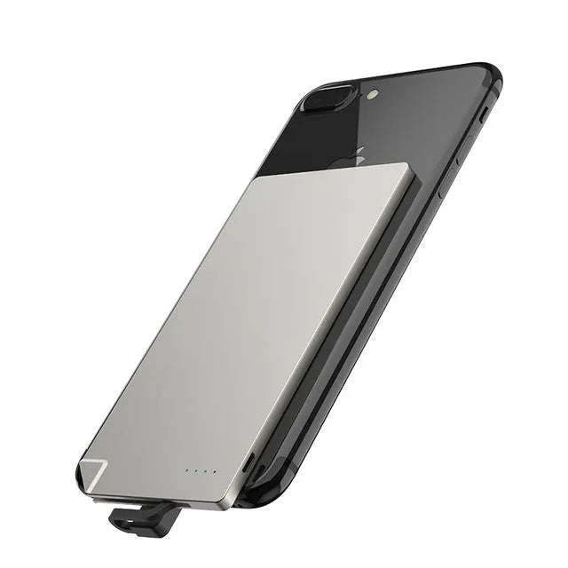 Silver ultra-thin graphene power bank measuring 140mm by 72mm by 4mm
