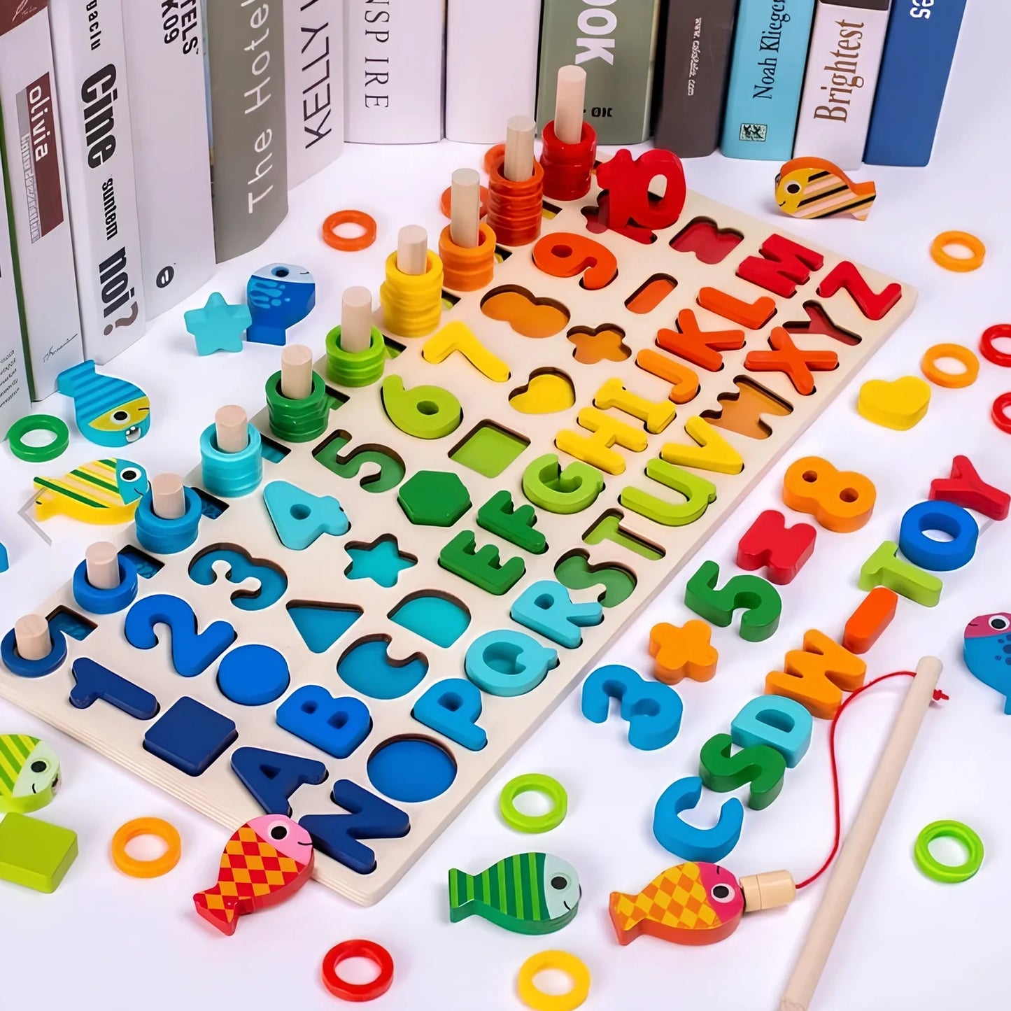 Wooden 3D alphabet number puzzle board 42x16x8 cm with geometric letter and number pieces in ocean blue theme