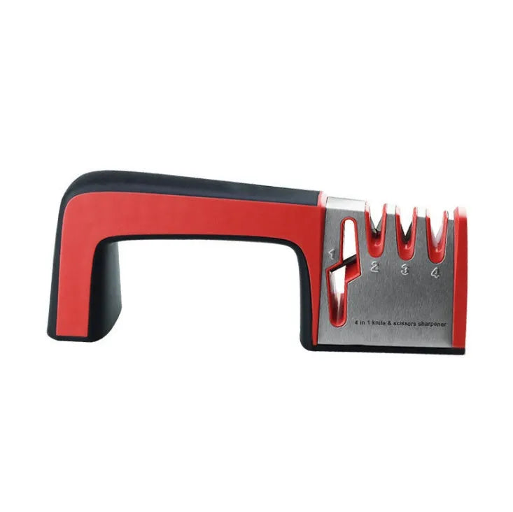 4-in-1 multi-functional knife sharpener in black with multiple sharpening rods
