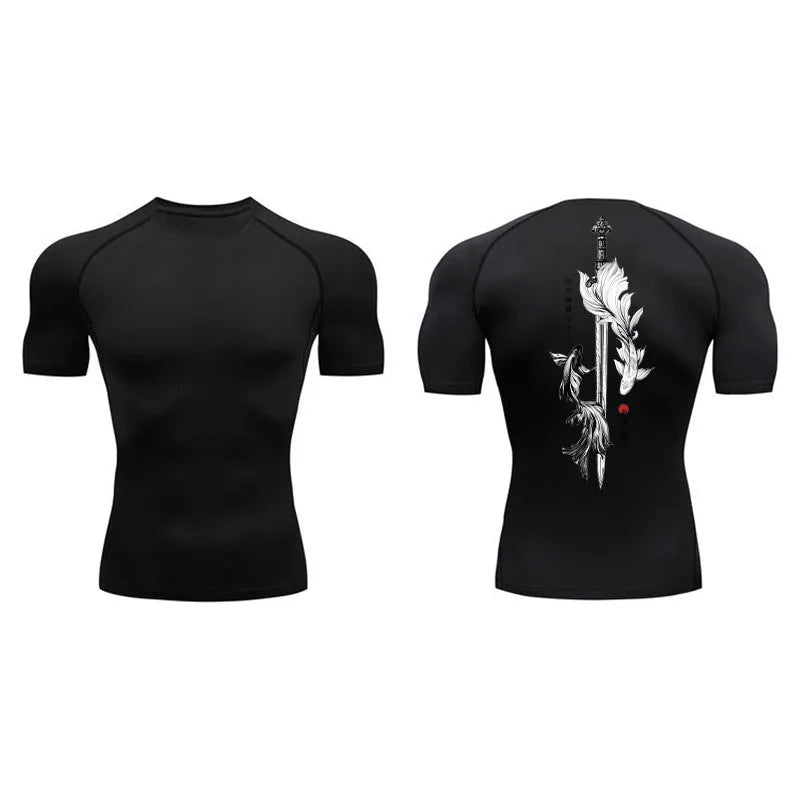 Men's short sleeve loose fit compression shirt with a sword print design on the front.