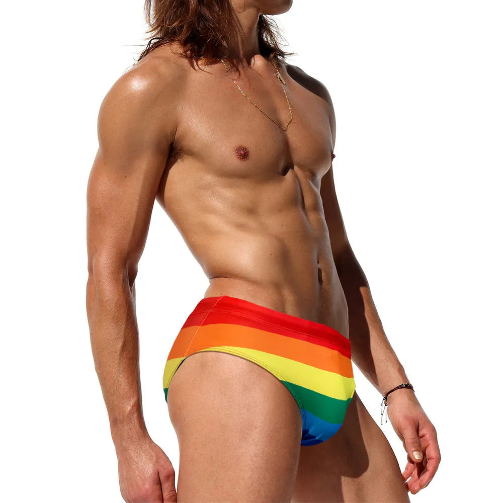 Rainbow striped nylon men's swimming trunks stretch briefs for beach wear
