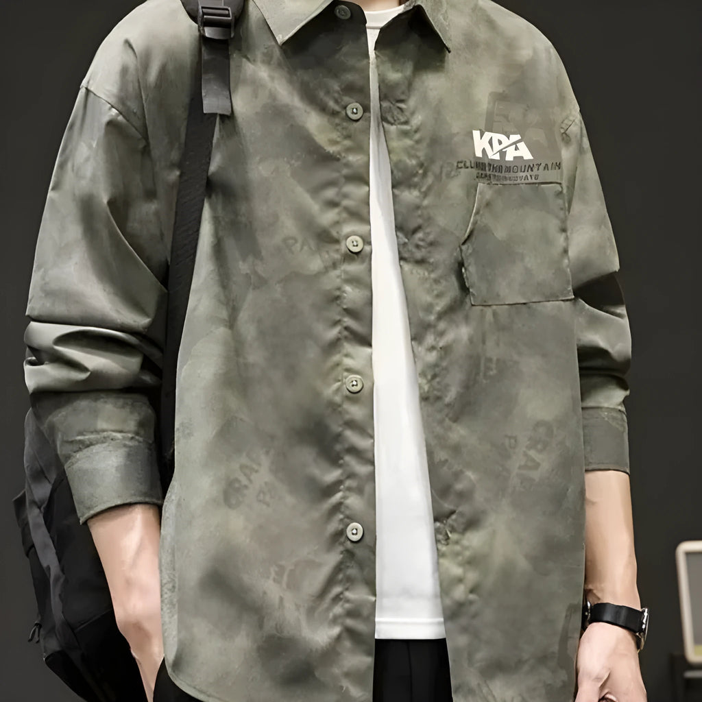 Men's retro Japanese camouflage linen long sleeve shirt in Army Green, front view