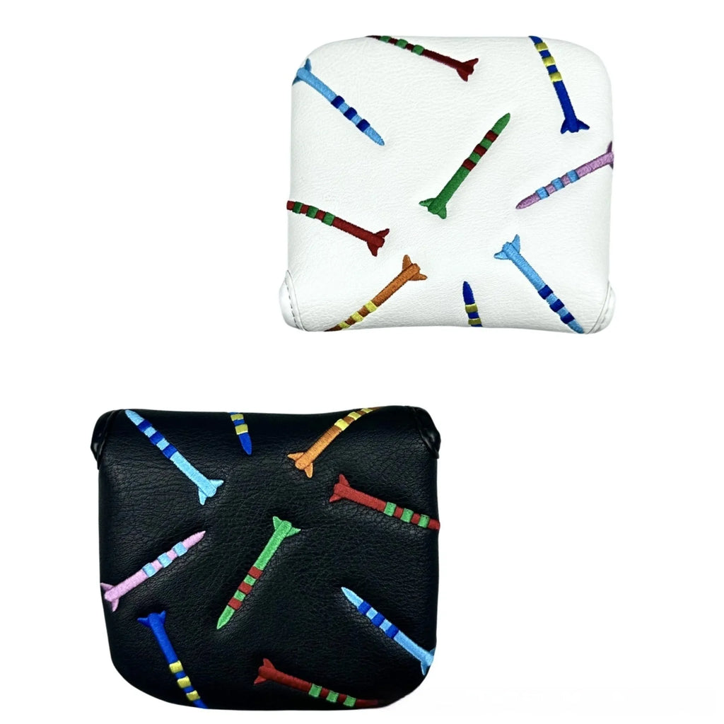 Square black golf putter head cover with white rocket pattern design