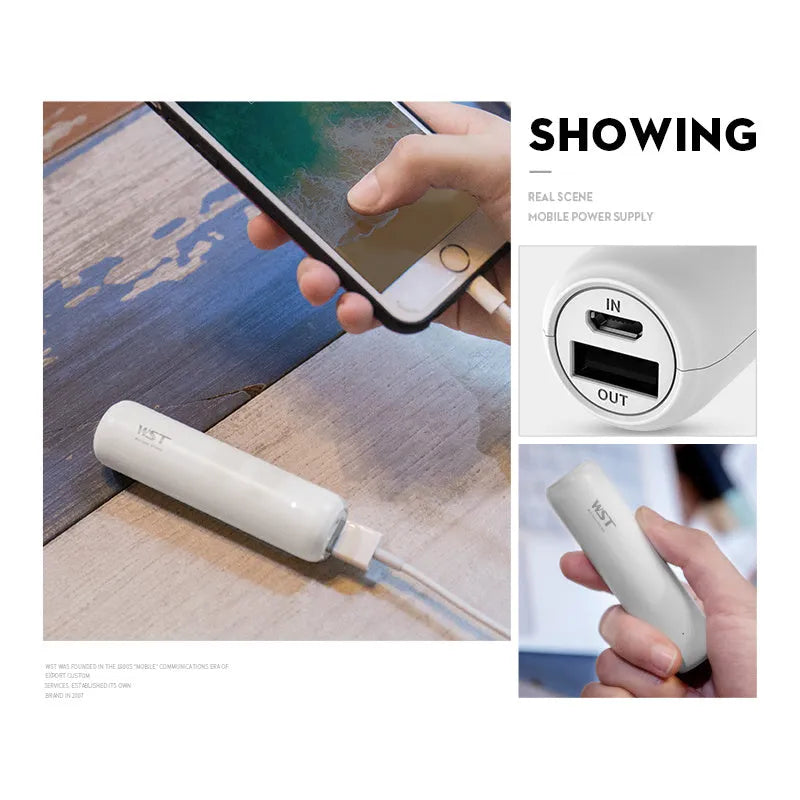 Mini portable pocket power bank 3350mAh cylindrical aluminium shell plastic casing White