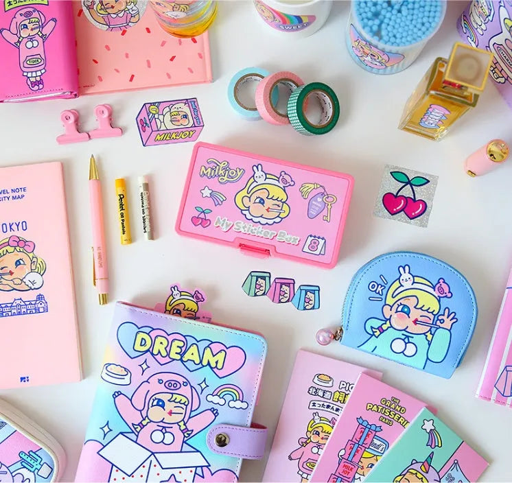 PVC cartoon sticker set with Korean-style cute girl designs and heart motifs in storage box