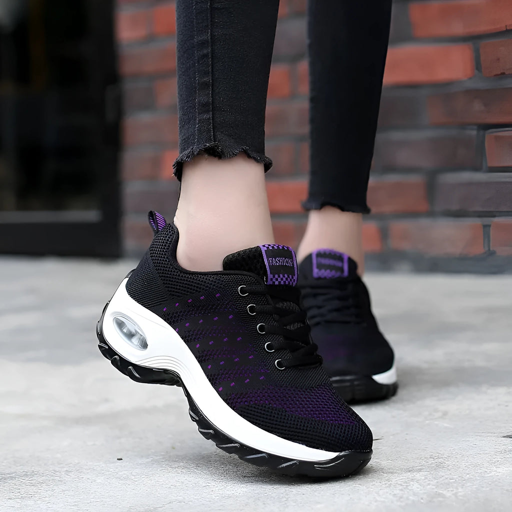 Ladies net shoes mesh breathable casual sneakers in grey, lace-up, flat sole, side view
