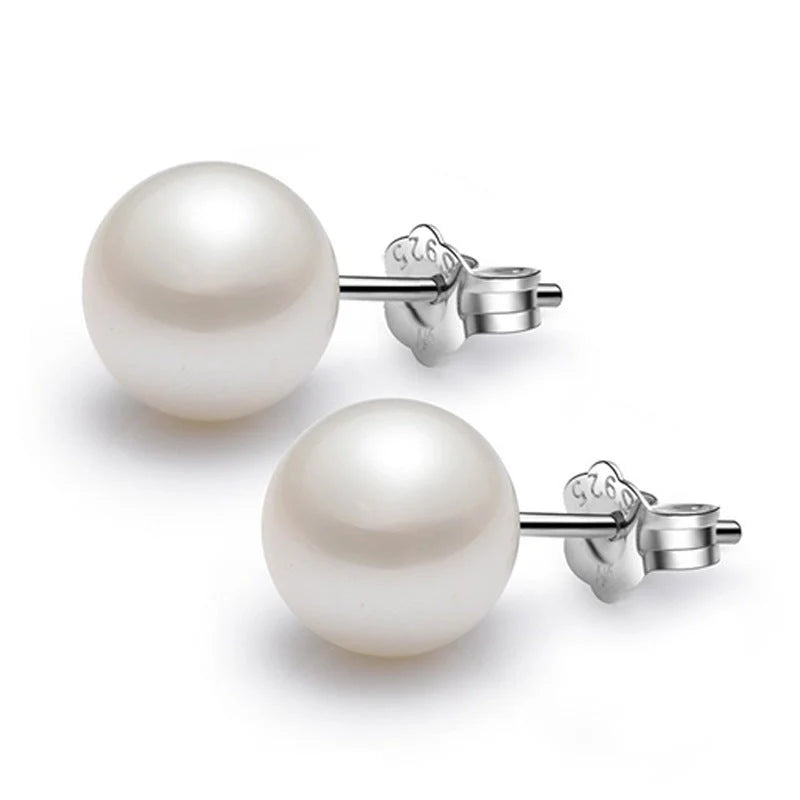 S925 silver pearl earrings with natural shell pearls in white or pink, sizes 6mm or 8mm