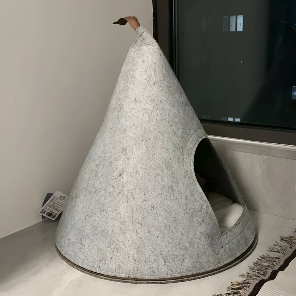 Grey conical felt enclosed cat nest with Christmas handmade design measuring 50cm diameter
