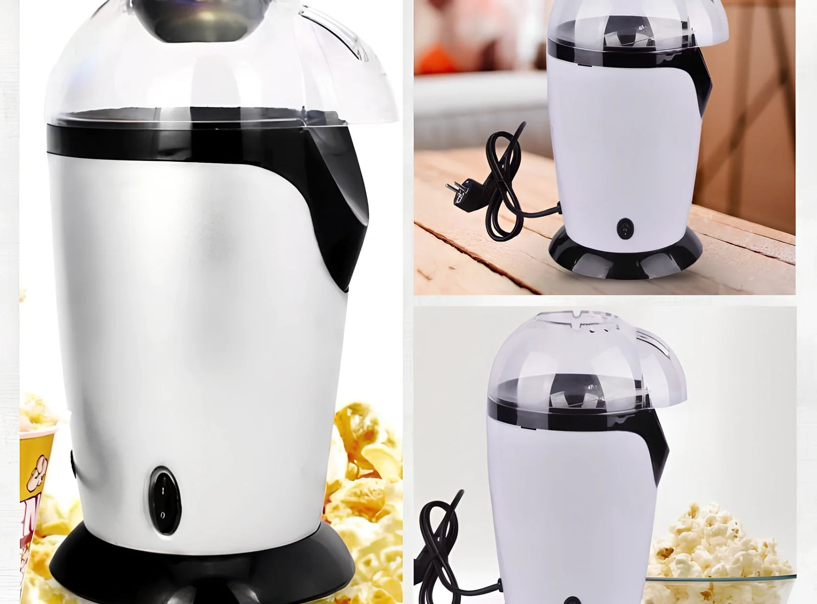 White hot air popcorn maker with measuring cup and removable chute