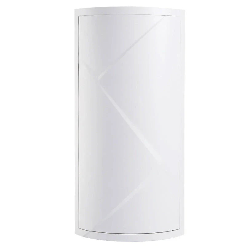 Rotatable white plastic bathroom organiser with covered shelves mounted on wall