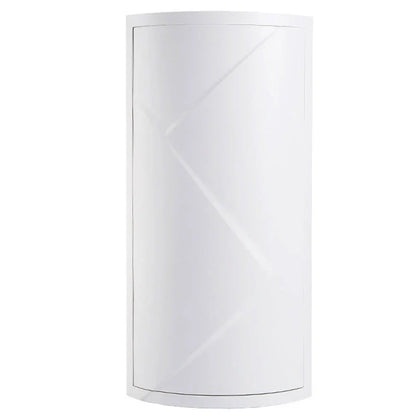 Rotatable white plastic bathroom organiser with covered shelves mounted on wall