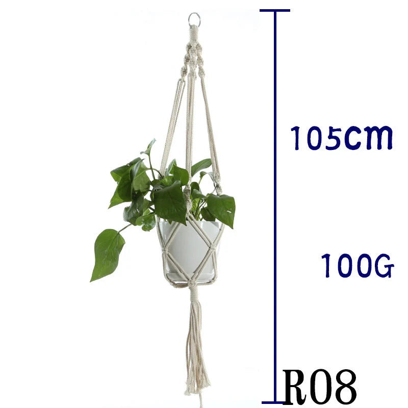 Handmade beige cotton rope flower pot net bag for indoor plants, American Country style
