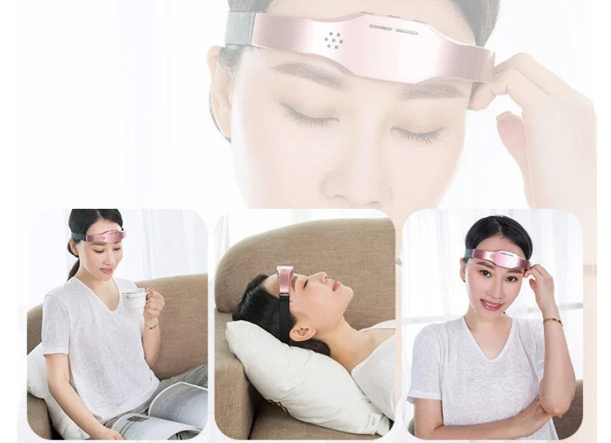 Wireless Head Massager Helmet in black and pink for stress relief and sleep therapy