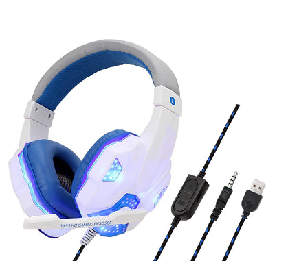 Black gaming headphones with adjustable microphone and braided cable showing 3.5mm plug