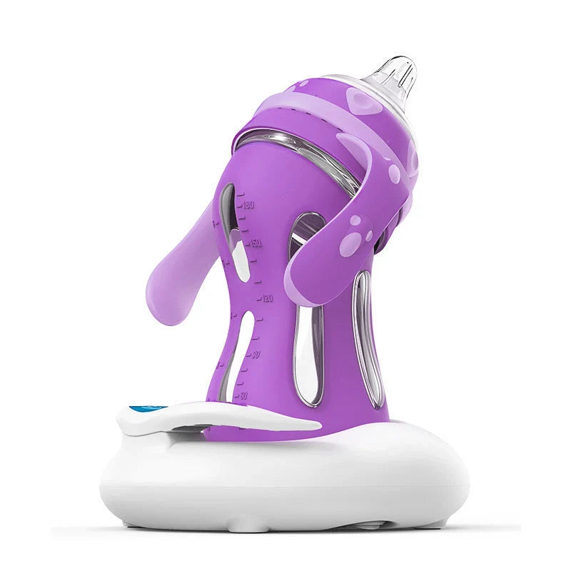 Glass baby bottle with temperature-sensitive silicone sleeve and USB milk warmer in sky blue