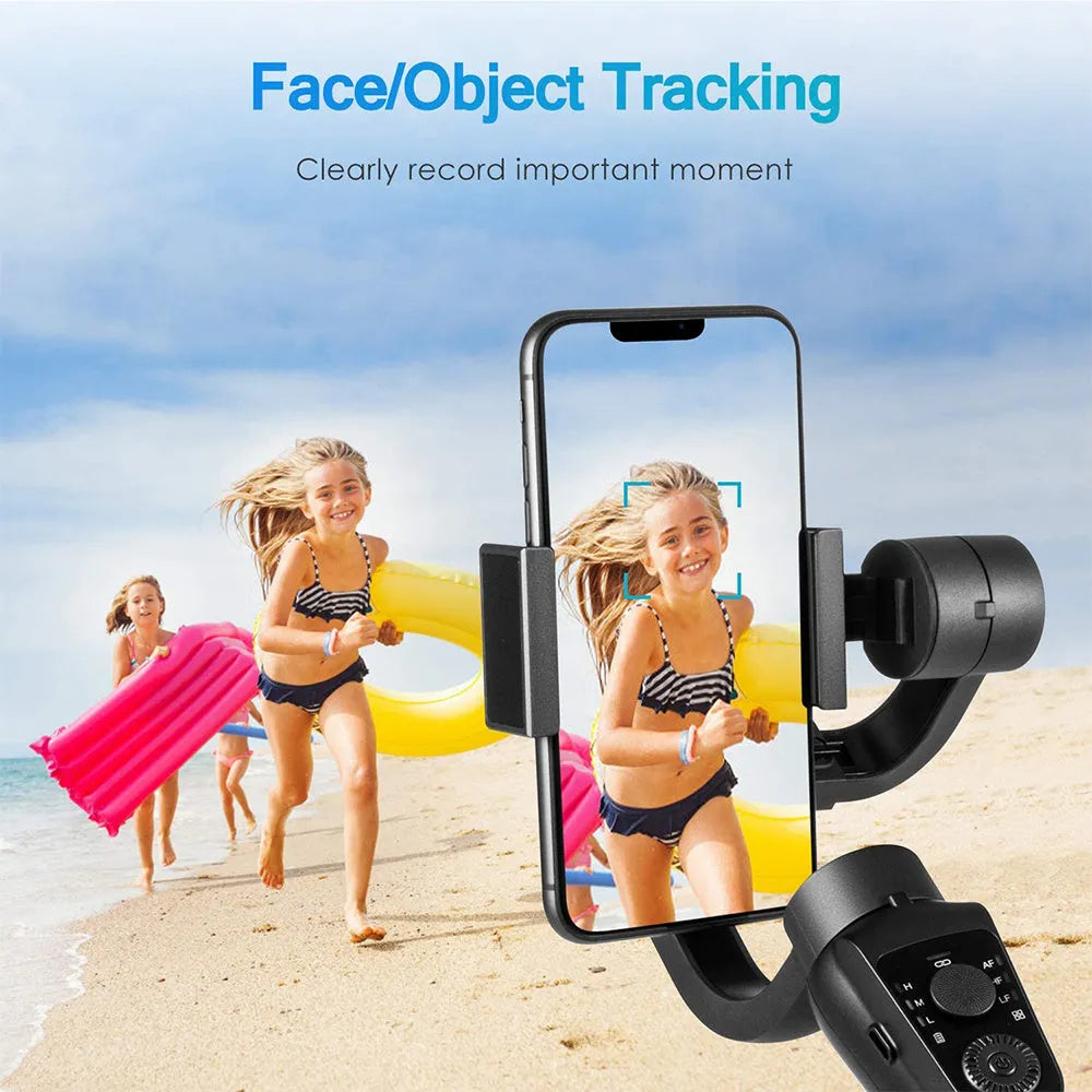 Black three-axis handheld gimbal stabilizer for mobile phones showing dimensions and construction
