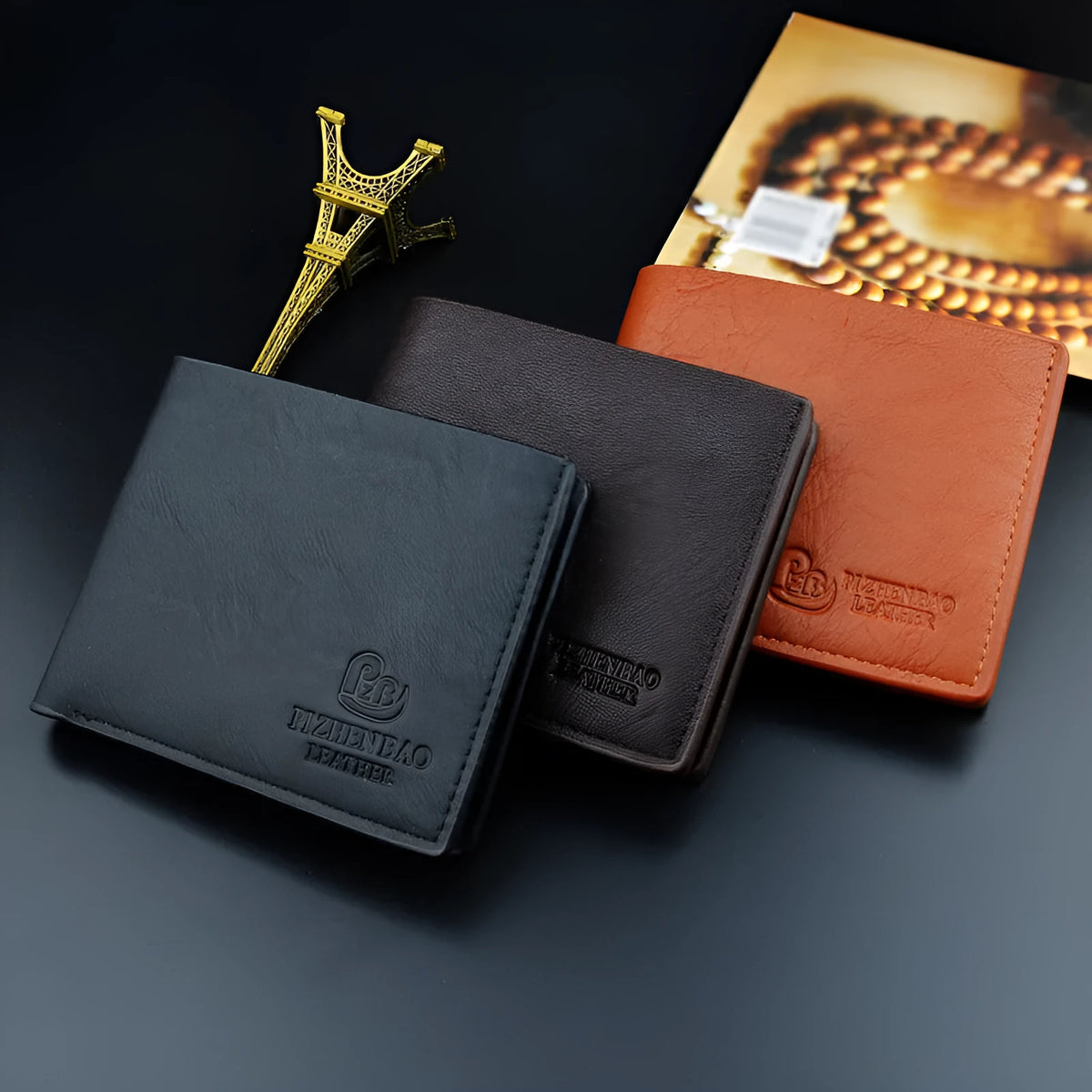 Compact PU bifold wallet in black with multiple card slots and zippered coin pocket