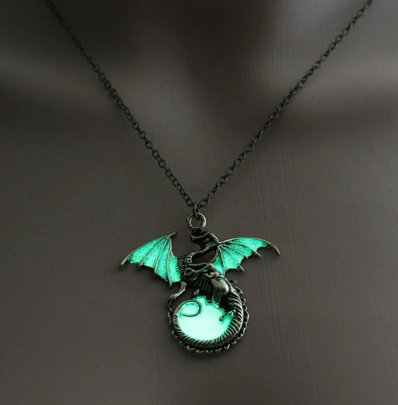 Glowing Vintage Flying Dragon Necklace with luminous pendant in ancient bronze and silver plating options