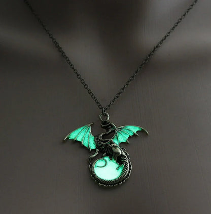Glowing Vintage Flying Dragon Necklace with luminous pendant in ancient bronze and silver plating options
